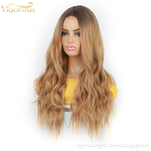 For Black Women Hot Selling Long Body Wave Vendor Ombre Light Blonde Dark Root Heat Resistant Fiber Synthetic Lace Hair Wigs